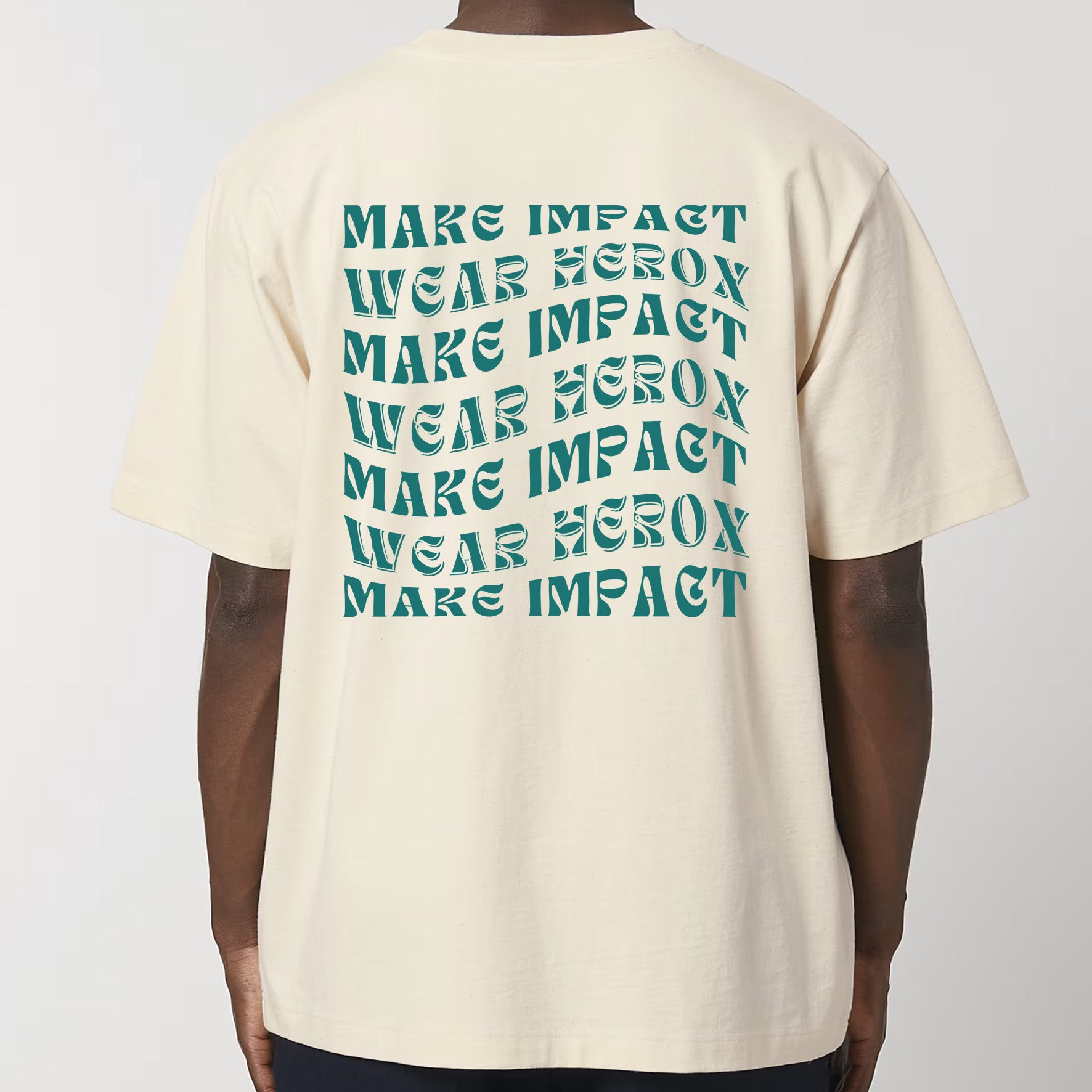 HEROX-T-shirt-oversized-Make-Impact-Wear-Herox-back-unisex-men-beige