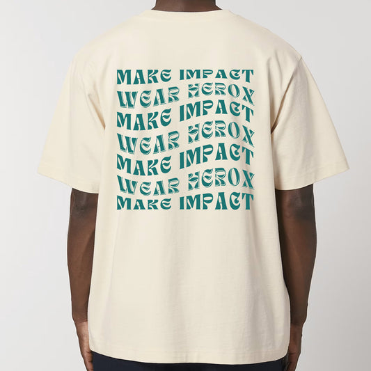 HEROX-T-shirt-oversized-Make-Impact-Wear-Herox-back-unisex-men-beige