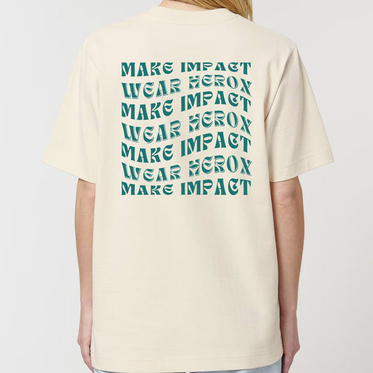 HEROX-T-shirt-oversized-Make-Impact-Wear-Herox-back-unisex-woman-beige