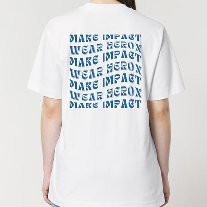 HEROX-T-shirt-oversized-Make-Impact-Wear-Herox-back-unisex-woman-white