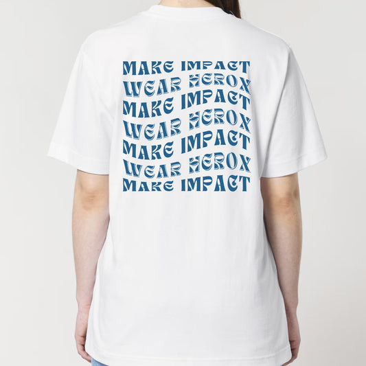 HEROX-T-shirt-oversized-Make-Impact-Wear-Herox-back-unisex-woman-white