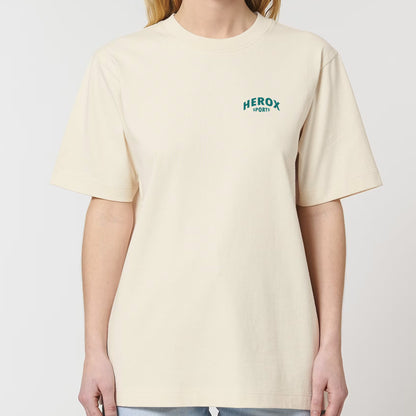 HEROX-T-shirt-oversized-Make-Impact-Wear-Herox-back-unisex-woman-beige